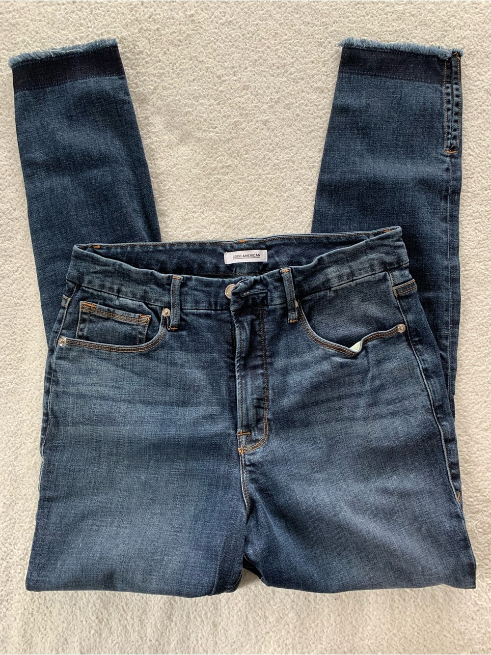 Good American Frayed Hem Dark Wash Jeans with Side Slit